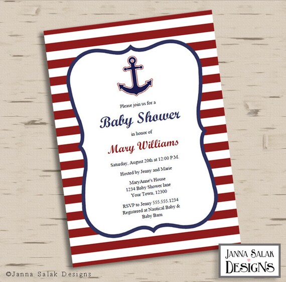 Nautical Anchor Navy Blue & Red Printable Baby Shower Invitation Editable PDF 