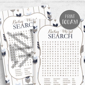 Tribal Baby Shower Word Search Game Printable - Boho Arrows Blue and Gray INSTANT DOWNLOAD TR006