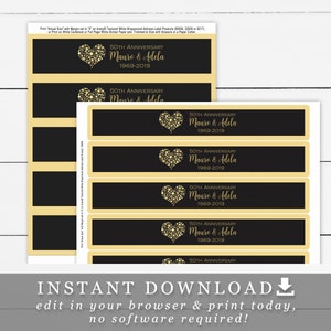 Golden Heart Wedding Anniversary Water Bottle Labels Editable Text DIY Template Avery 22838 and 22845