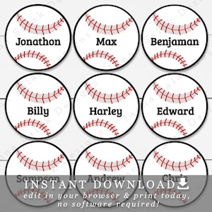 2,5-inch afdrukbare cupcake-toppers voor honkbal met bewerkbare namen/tekst DIY-sjabloon