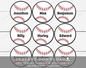 2.5" Baseball Printable Cupcake Toppers Tags With Editable Names / Text DIY Template