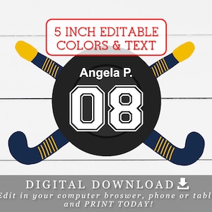 5&quot; Field Hockey Tags With Editable Names Numbers and Color DIY Template Hockey Puck and Stick