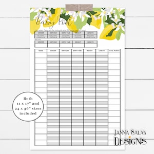 Imprimible baby shower baby pool juego limones y flores predicciones de nacimiento 11 " x 17 " y 24 " x 36 " Cartel DESCARGA INSTANTÁNEA LM01
