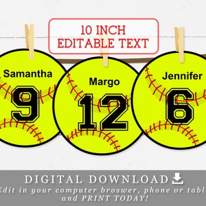 10" Softball With Editable Names and Numbers Baseball Team Banner DIY Template Printable