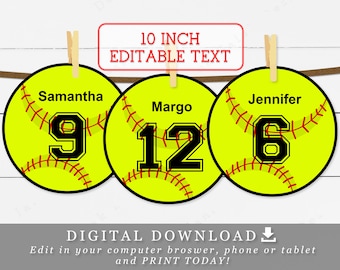 10" Softball With Editable Names and Numbers Baseball Team Banner DIY Template Printable