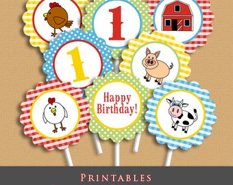 First Birthday Farm Cupcake Topper, Cute 1st Birthday Printable Cupcake Toppers Party Gift Tags DIY INSTANT DOWNLOAD