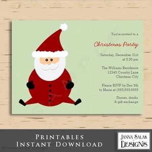 Druckbare Weihnachtsmann Weihnachtsfeier Einladung 5x7 Niedlich Grün und Rot Invite Diy SOFORTIGER DOWNLOAD You Edit PDF