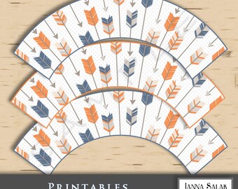Tribal Arrow Cupcake Wrappers Party Printable Navy Blue Orange Grey Tan Boho Boy DIY INSTANT DOWNLOAD TR004