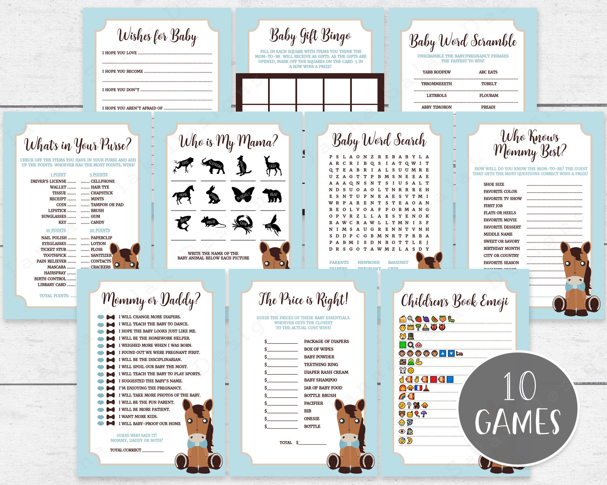 Horse Baby Shower Game Package Printable - 10 Games - Blue Baby