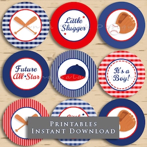 Baseball Baby Shower Cupcake Toppers 2.5 Inch Red and Blue Sports Shower Little Slugger DIY INSTANT DOWNLOAD BB01