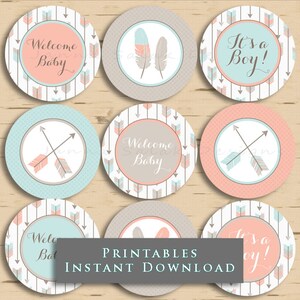 Tribal Arrow Baby Shower Cupcake Toppers - It&#39;s a Boy - Pink Grey Blue Printable INSTANT DOWNLOAD TR001