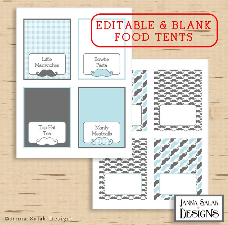 May include: Printable food tent cards with a mustache theme. The cards feature a variety of designs, including gingham, gray, and blue. The text on the cards includes "Little Manwiches", "Bowtie Pasta", "Top Hat Tea", and "Manly Meatballs".