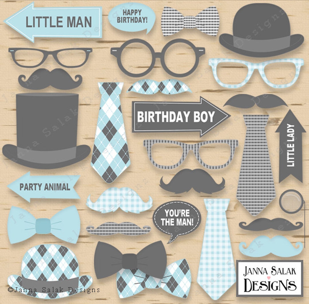 Printable Little Man Photo Booth Props Birthday Party Grey and Blue DIY ...