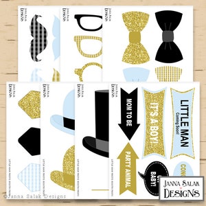 Printable Little Man Photo Booth Props Birthday Party Gold Black White ...