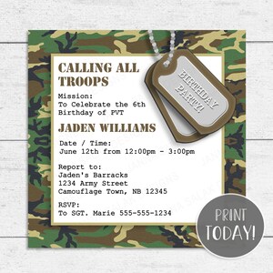 Camo Birthday Party Invitation Template 5x5 Digital Invite Square DIY Printable with Editable Text