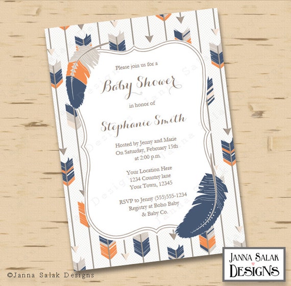 Tribal Arrow Feather Baby Shower Invitation You Edit Boho Navy Orange Grey Diy Instant Editable Pdf Tr004