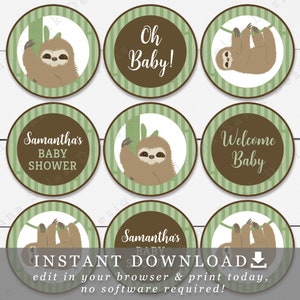 Sloth Cupcake Toppers Template 2&quot; & 2.5&quot; DIY Printable with Editable Text Green Brown White SL01