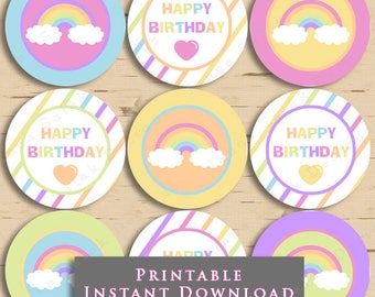 Pastel Rainbow Birthday Party Cupcake Toppers PRINTABLE Digital INSTANT DOWNLOAD Diy RN01