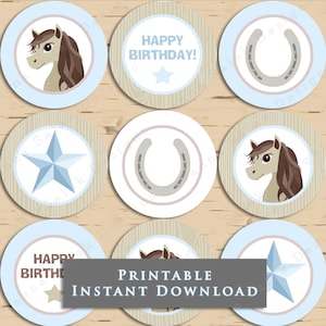 Horse Theme Birthday Cupcake Toppers Horseback Riding Birthday Party DIY Printable INSTANT DOWNLOAD Pale Blue and Brown