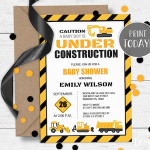 Under Construction Baby Shower Invitation Template 5x7 and 4.25x5.5 Invite DIY Printable with Editable Text CN01