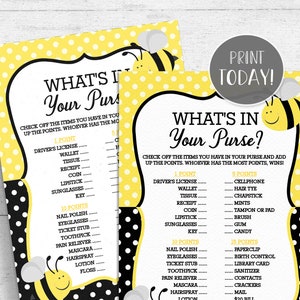 Bee Baby Shower What&#39;s In Your Purse Game Printable - Mommy to Bee INSTANT DOWNLOAD BEE002