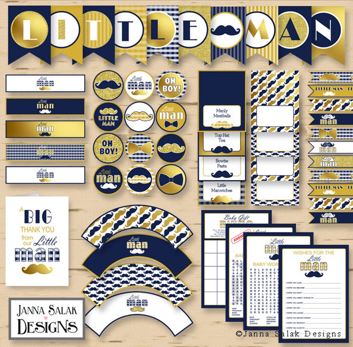 Little Man Baby Shower PRINTABLE Party Package Navy Blue Gold | Etsy