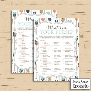 Tribal Baby Shower Games - What&#39;s in Your Purse - Boho Arrows and Feathers Boy DIY INSTANT DOWNLOAD Pdf TR003