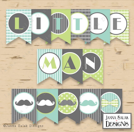 Little Man Baby Shower Or Birthday Banner Mustache Blue Green Grey.