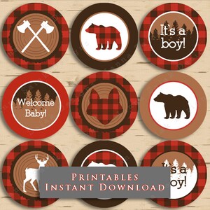 Lumberjack Baby Shower Cupcake Toppers Buffalo Plaid Party DIY Printable INSTANT DOWNLOAD LJ01