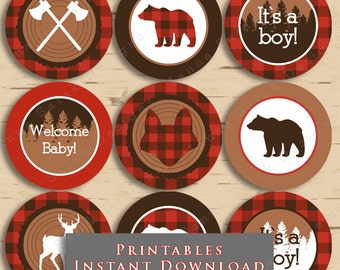 Lumberjack Baby Shower Cupcake Toppers Buffalo Plaid Party DIY Printable INSTANT DOWNLOAD LJ01