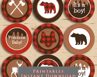 Lumberjack Baby Shower Cupcake Toppers Buffalo Plaid Party DIY Printable INSTANT DOWNLOAD LJ01