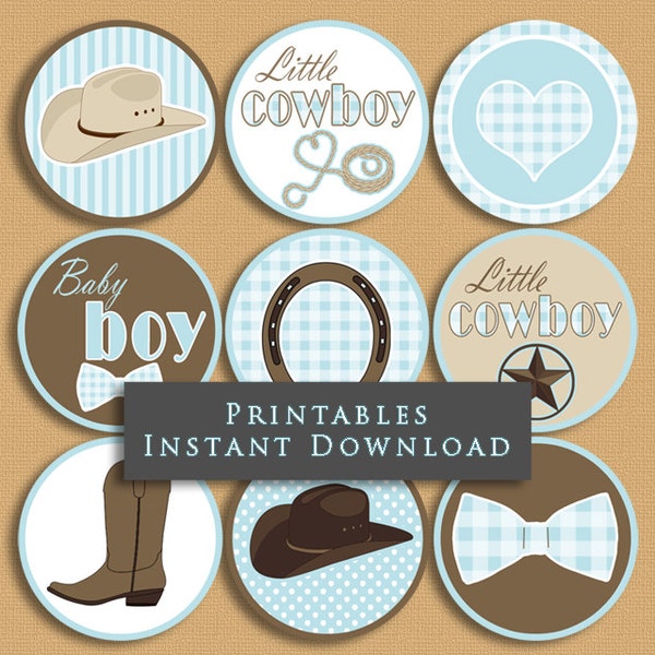 Little Cowboy Baby Shower Cupcake Toppers Party Printables Blue and Brown DIY Printable INSTANT DOWNLOAD CB001