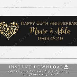 Golden Heart Wedding Anniversary Printable Banner 6' x 2" Editable Text DIY Template