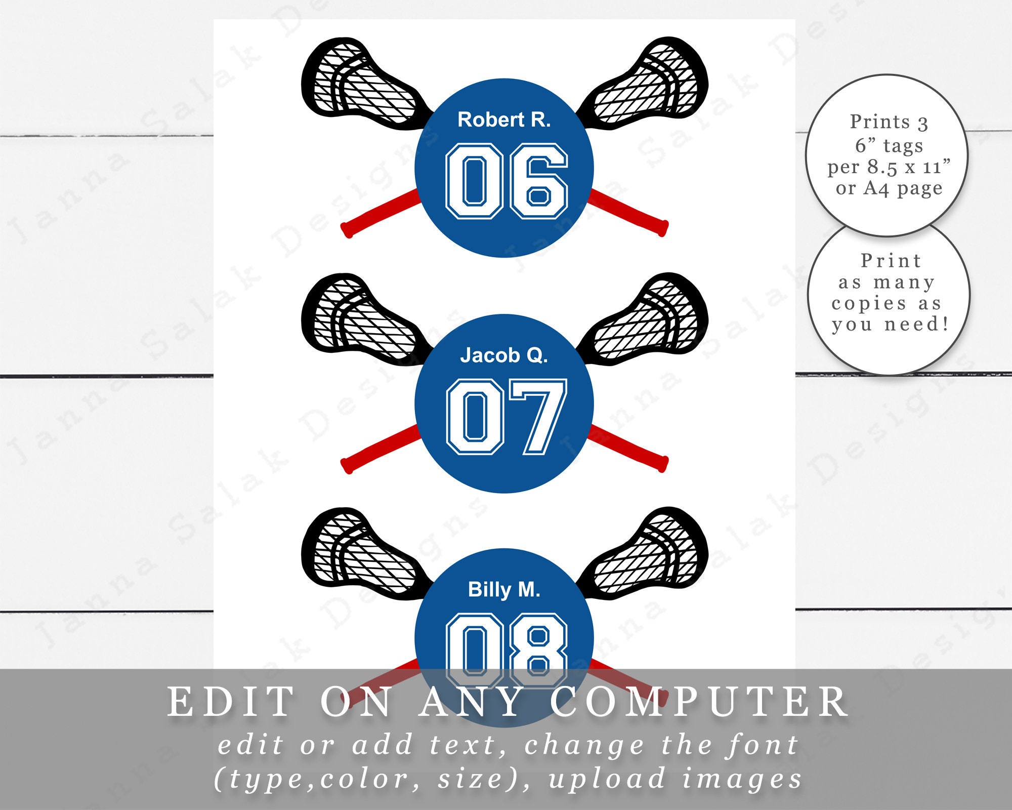 6 Lacrosse Tags With Editable Names Numbers and Color Etsy