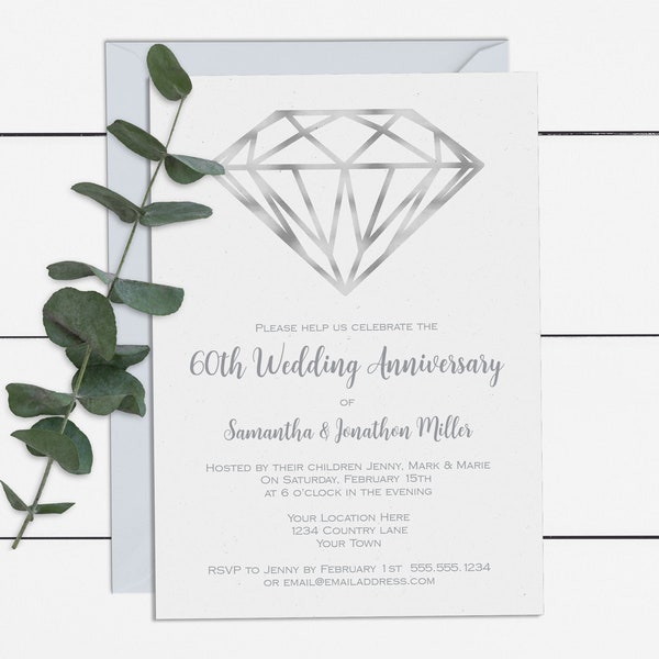 Diamond Wedding Anniversary Invitation Template 5x7 Digital 60th Invite DIY Printable with Editable Text WD02