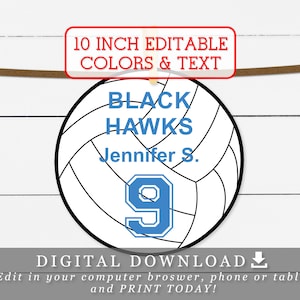 10&quot; Volleyball With Editable Team Name Player Names and Numbers Banner DIY Template Printable