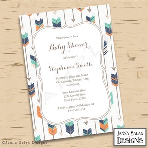 Tribal Arrow Baby Shower Invitation You Edit- Boho Navy Orange Green DIY INSTANT DOWNLOAD Editable Pdf TR003