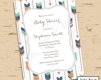 Tribal Arrow Baby Shower Invitation You Edit- Boho Navy Orange Green DIY INSTANT DOWNLOAD Editable Pdf TR003