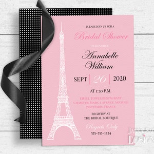 Paris Bridal Shower Invitation Template 5x7 Parisian Eiffel Tower Pink and Black Digital Invite DIY Printable with Editable Text PA02