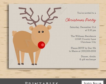 Printable Red Nose Reindeer Christmas Party Invitation 5x7 Cute Rudolph Invite Diy INSTANT DOWNLOAD You Edit PDF