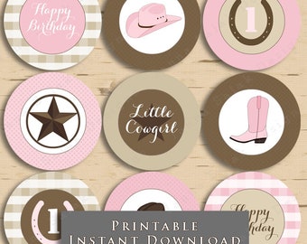 Vaquera primer cumpleaños Cupcake Toppers fiesta imprimible rosa marrón DIY Digital imprimible DESCARGA INSTANTÁNEA CBB02