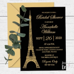 Paris Bridal Shower Invitation Template 5x7 & 4x6 Parisian Eiffel Tower Black Gold Digital Invite DIY Printable with Editable Text PA01