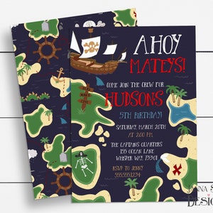 Pirate Treasure Map Birthday Party Invitation Template 5x7 Digital Invite DIY Printable Editable PT01