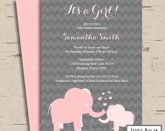 Printable Elephant Baby Shower Invitation Pink and Grey DIY 5x7 INSTANT DOWNLOAD Editable Pdf EL01