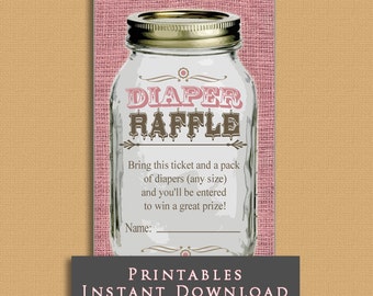 Rustic Mason Jar Diaper Raffle Tickets INSTANT DOWNLOAD Printable Raffle Tickets Baby Shower Pink and Brown DIY