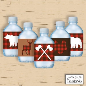 Printable Water Bottle Labels Lumberjack Buffalo Plaid Animals Axes DIY INSTANT DOWNLOAD LJ01