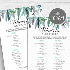 Greenery Baby Shower What&#39;s In Your Purse Game Printable - Green and Purple Leaves INSTANT DOWNLOAD GR04