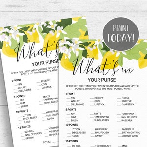 Lemon Baby Shower What&#39;s In Your Purse Game Printable - Lemons and Blossoms INSTANT DOWNLOAD LM01