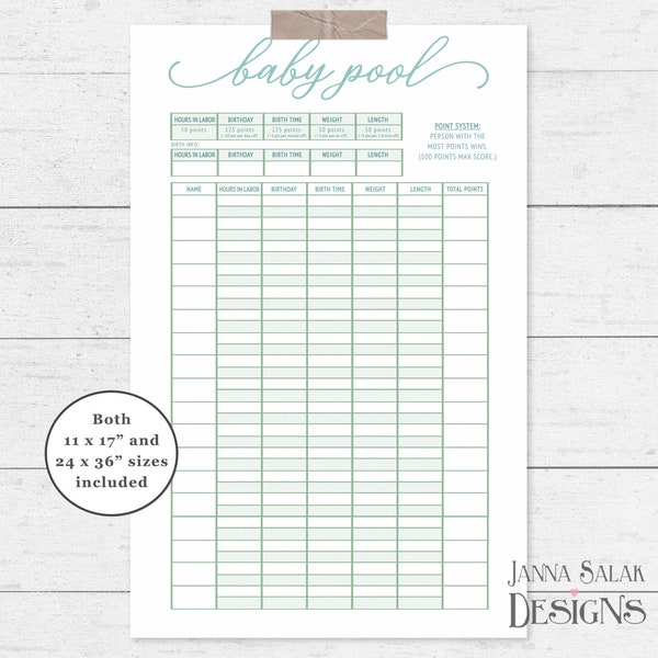 Printable Baby Shower Baby Pool Game Blue and Green Modern Minimalist Birth Predictions 11" x 17" and 24" x 36" Poster INSTANT DOWNLOAD