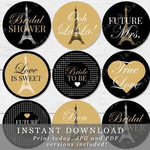 Paris Bridal Shower Cupcake Toppers Gold and Black DIY - 2&quot; and 2.5&quot; circles Printable INSTANT DOWNLOAD PA01